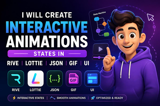 create interactive animations states in rive character, lottie, json, gif, ui