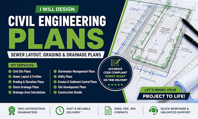 design civil engineering plans, sewer layout grading and drainage plans