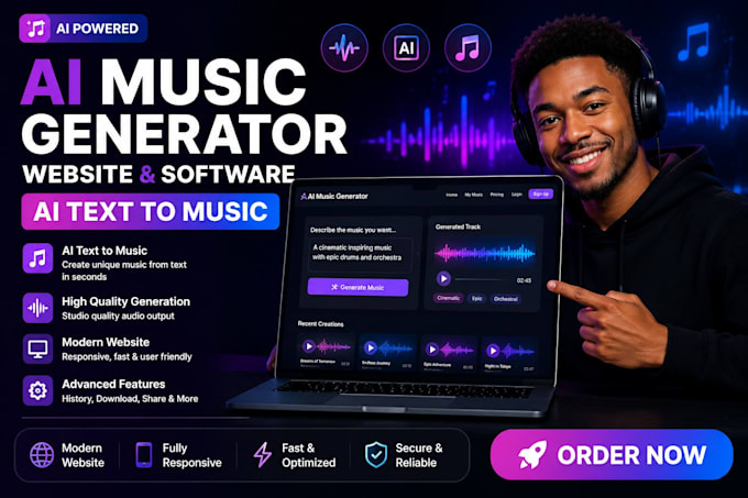 develop ai music generator website, software music website, ai text to music