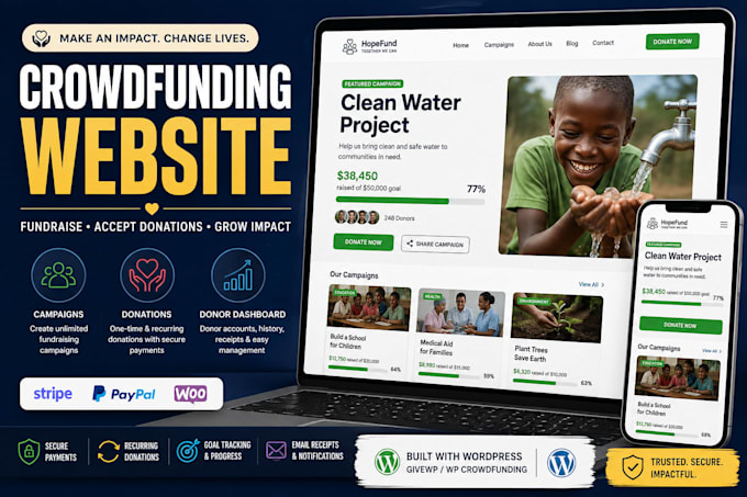 build crowdfunding website, fundraising website and wordpress donation platform