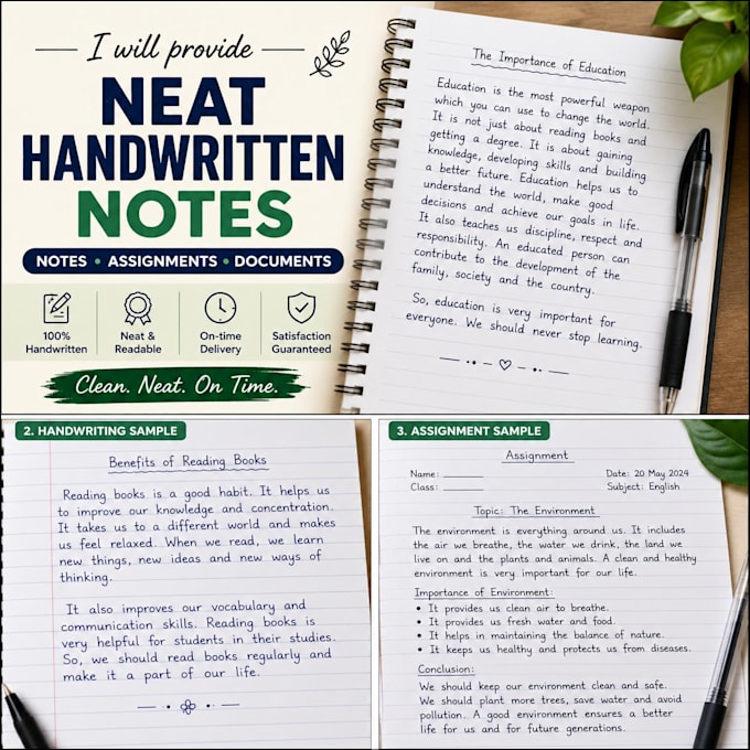 neat handwritten notes, assignments and documents