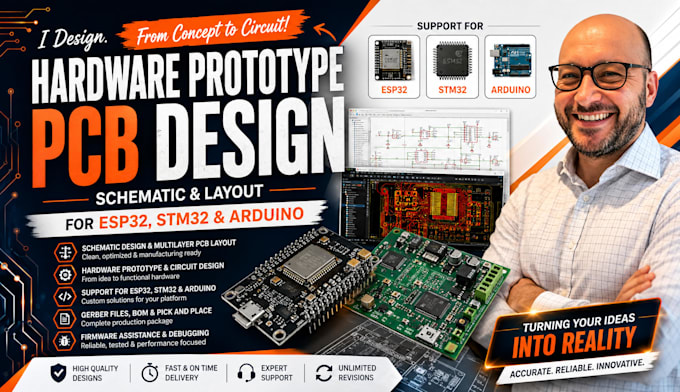 design hardware prototype pcb, schematic layout for esp32, stm32 and arduino