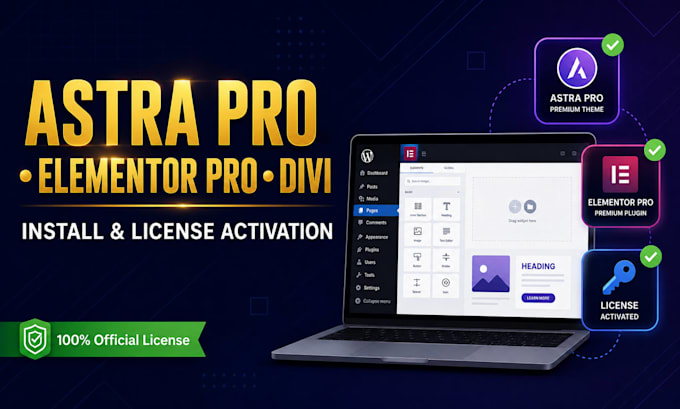 install astra pro, elementor pro or divi pro with official license