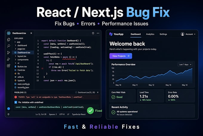 fix react next js typescript javascript bugs and errors