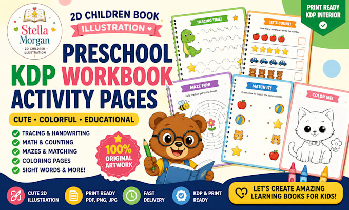 create preschool KDP workbook activity pages with cute educational illustrations