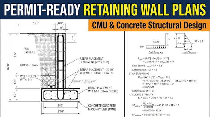 design retaining wall plans and cmu structural engineering