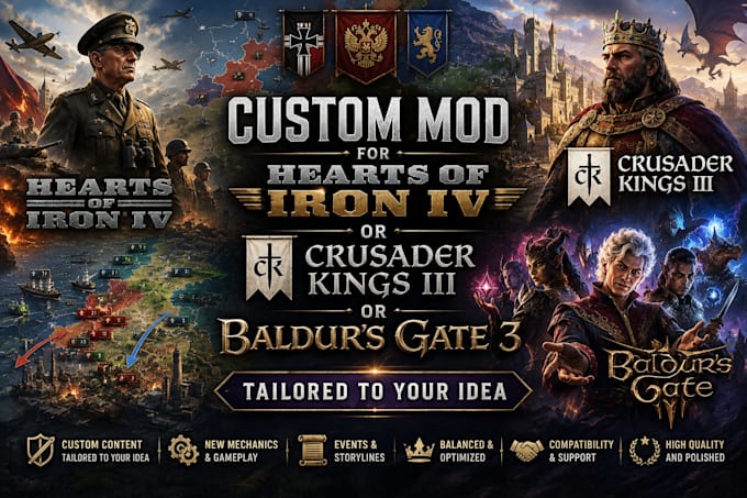 code a hearts of iron iv mod, ck3, bg3 mod for you