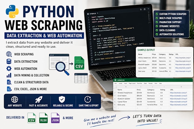 scrape websites with python, extract data and create custom web scrapers