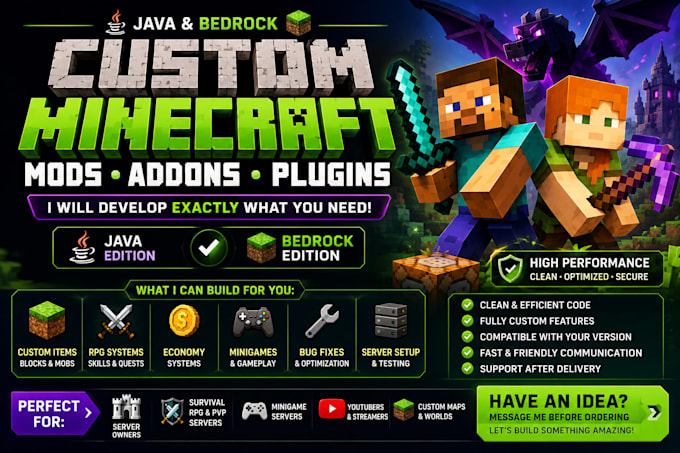 develop custom minecraft mod, addon or minecraft plugin for bedrock or java