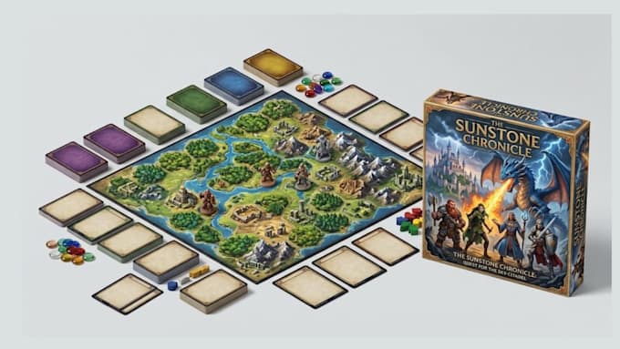 create custom board game, card game, box layout, and rulebook
