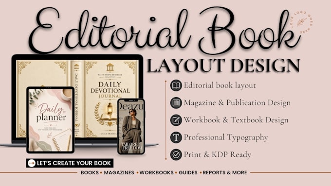 do editorial book layout design, kdp guidebook journal, magazine indesign layout