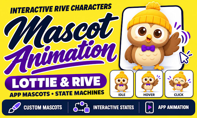 lottie, interactive rive mascot character animations with state machine for apps