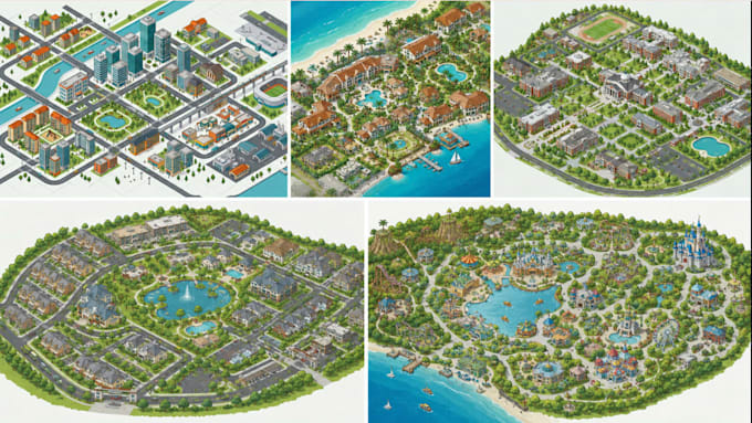 design an interactive isometric resort map, hotel map, tourism attraction map