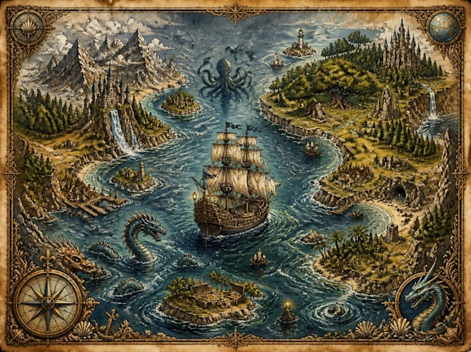 draw fantasy map or ship illustration with cool details