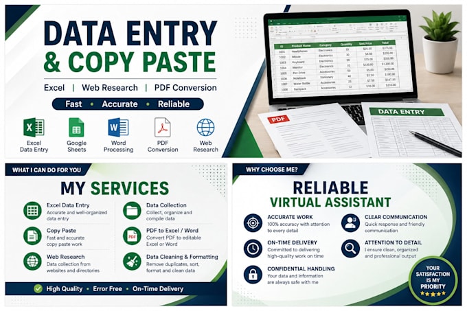 do accurate data entry, excel, copy paste and web research