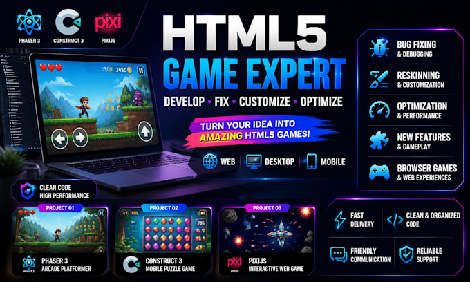 develop fix customize and optimize HTML5 games using phaser 3 construct 3 pixijs