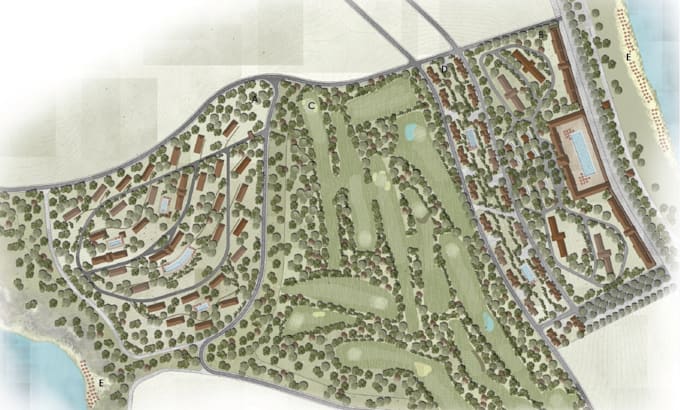 2d golf course layouts, site model from google map, fairway, disc golf, pathways
