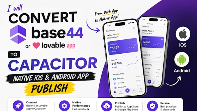convert base44 or loveable app to capacitor native IOS and android app publish