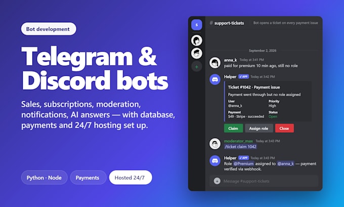 develop a custom telegram, whatsapp or discord bt