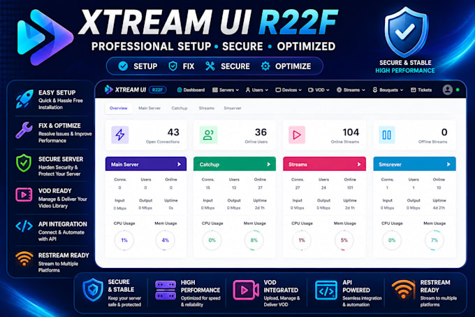 setup, fix, secure xui one, xtream UI server, vod, API, restream and streaming