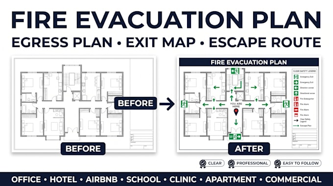 design fire evacuation plan, egress and emergency exit plans for floor layout