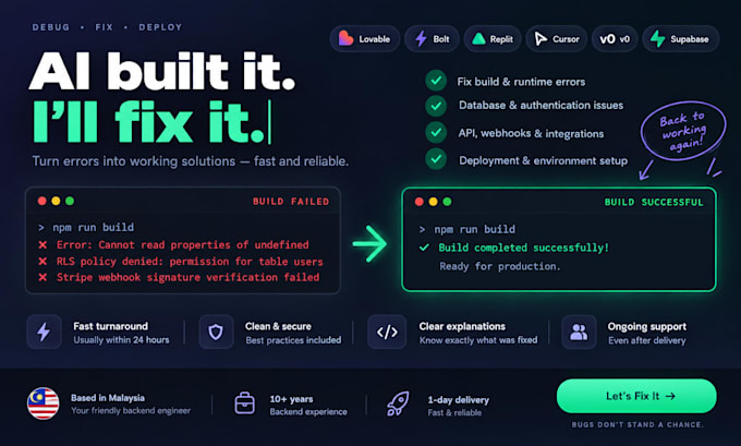 fix bugs in your lovable, bolt, replit, cursor or supabase vibe coded app