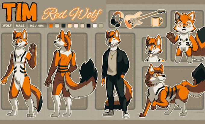 design detailed fursona reference sheet with expressions
