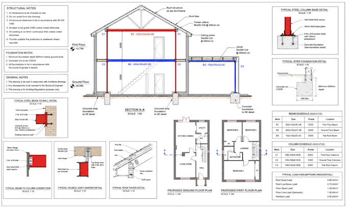do UK structural calculations for UK building regulations, engineering drawings