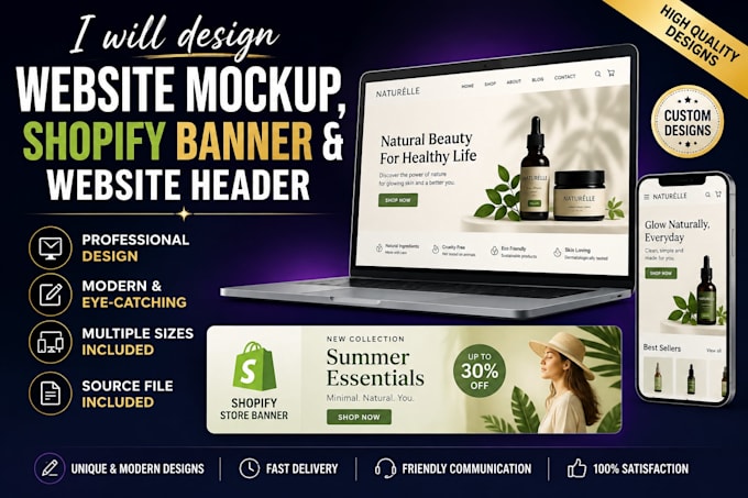design website mockup, website template, shopify banner and responsive layout