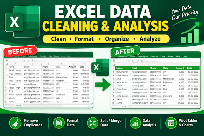 clean, format, analyze and organize excel data