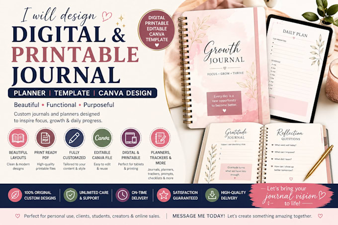 design digital journal, printable journal, planner and canva template