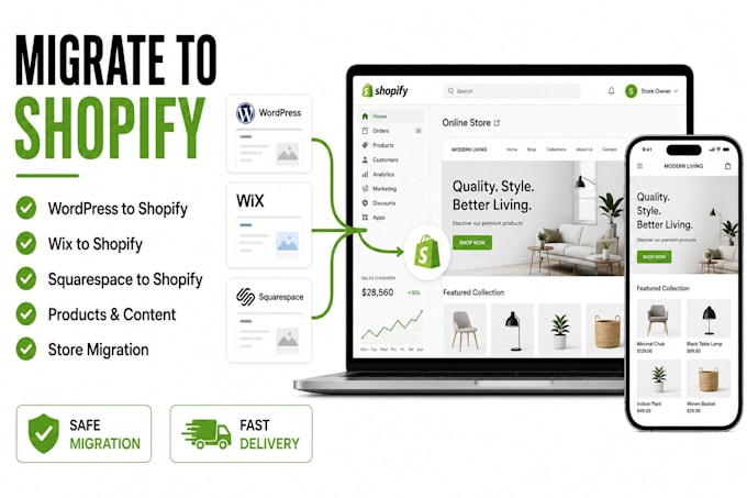 migrate wordpress to shopify, squarespace to shopify or wix to shopify