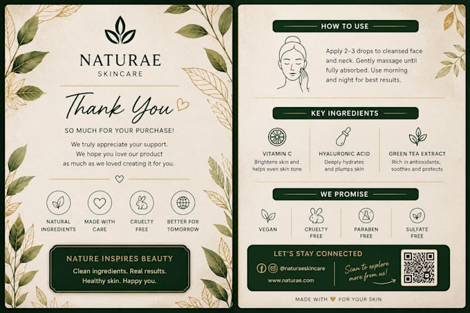 design a professional packaging insert and thank you card