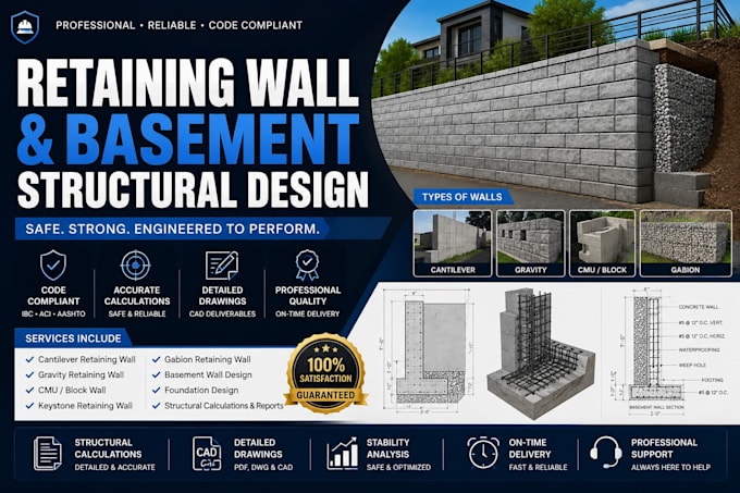 design retaining walls, basement walls and foundation structures