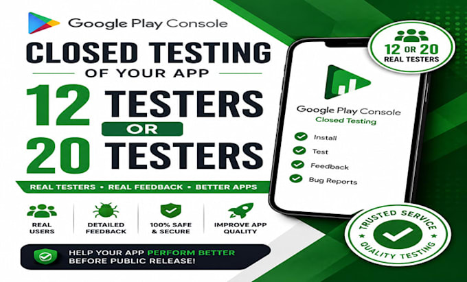 provide 12 testers or 20 testers for google play closed testing android app test
