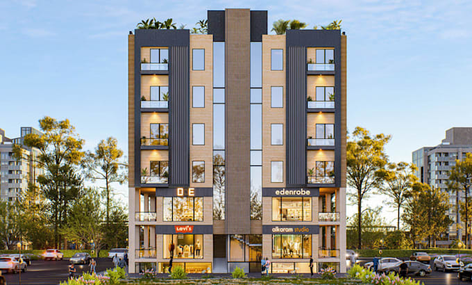 cgi  business center rendering from cad, remodel old commercial complex exterior