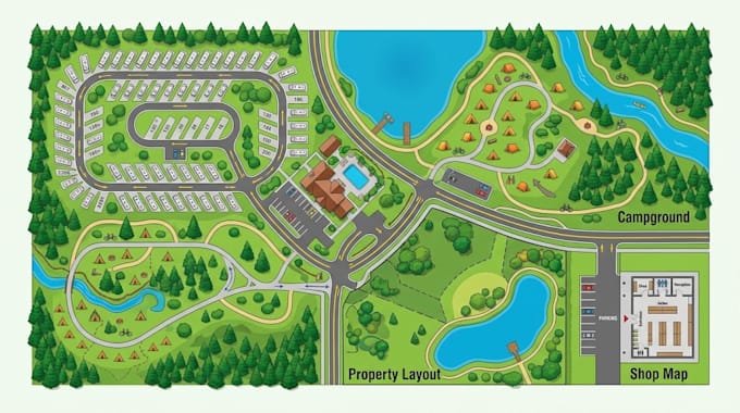 rv park map, campground map, navigation map, property layout, shop map