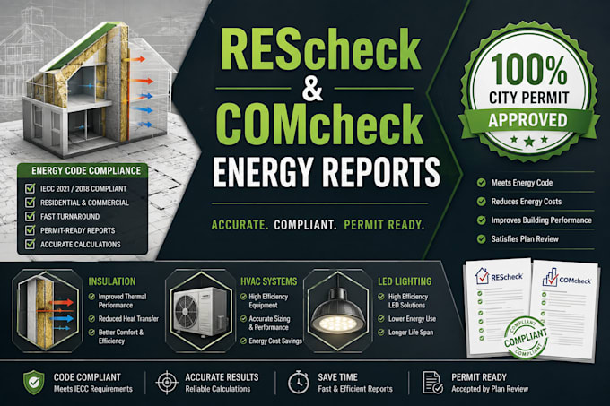 prepare rescheck and comcheck energy code compliance reports for city permit
