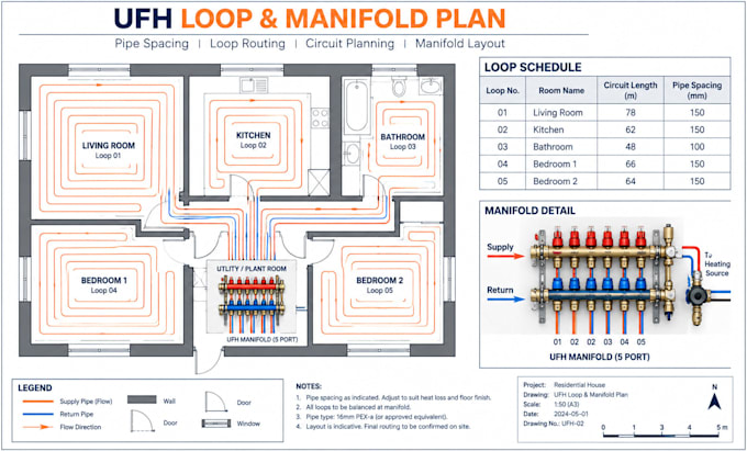 design underfloor heating loop layouts with pipe spacing and manifolds