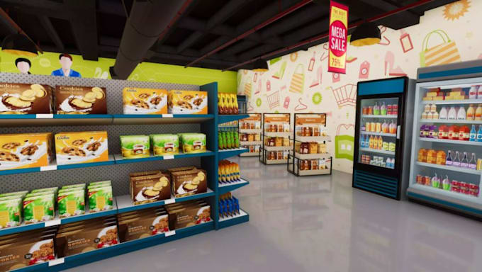 create 3d supermarket interior, 3d restaurant, cafe design, shop, 3d rendering
