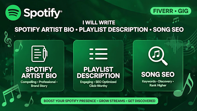 write spotify artist bio, playlist description and song SEO