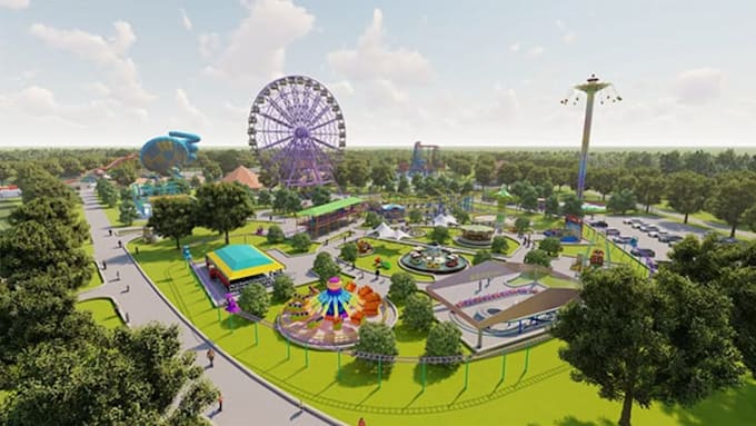 design amusement park, water park master plan, 3d site plan and rendering