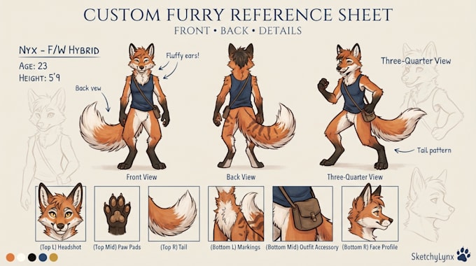 draw a custom furry character reference sheet