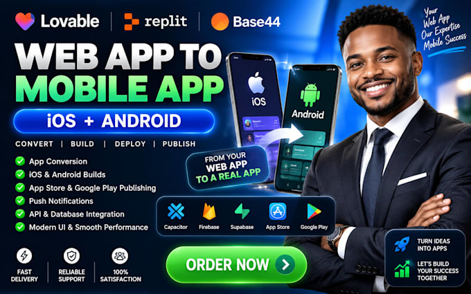 convert publish website lovable replit ai base44 to app ios android app store
