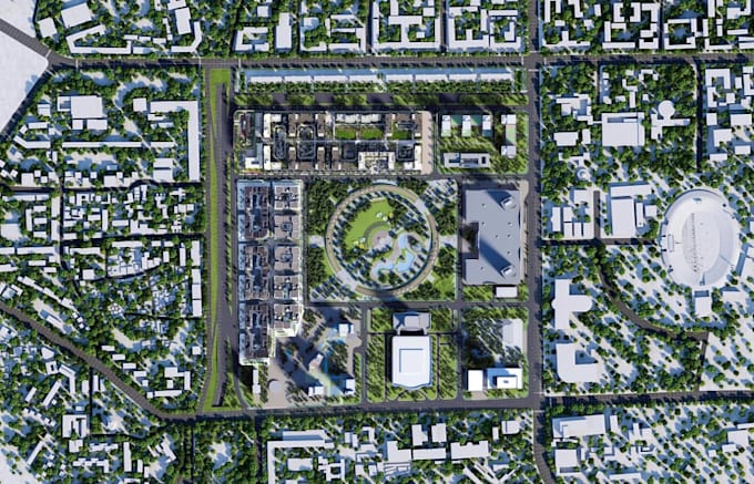 develop 3d landscape masterplan,urban planning,city layout,aerial view rendering