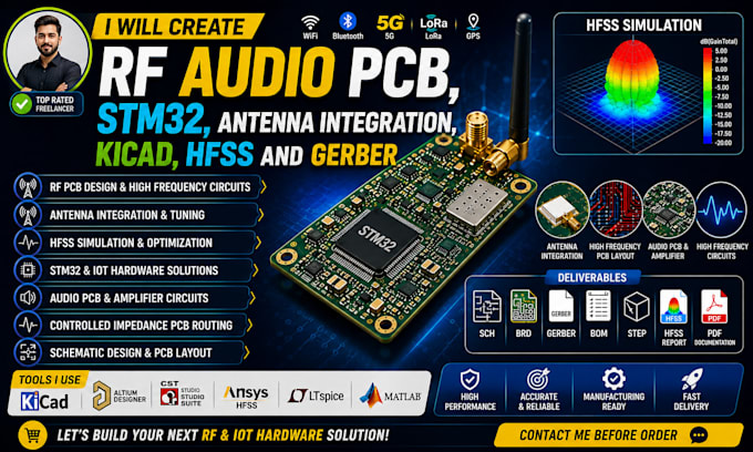 create rf audio pcb, stm32 , antenna integration, kicad, hfss and gerber