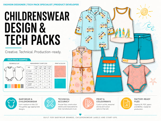 create childrenswear tech packs and technical drawings