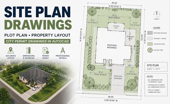 draw site plan or plot plan, property layout and city permit drawings in autocad