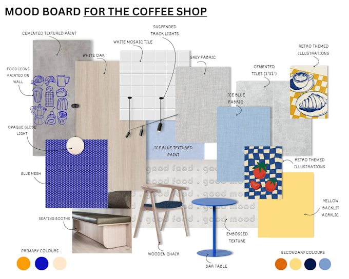 create an interior material board, finish palette, and design concept