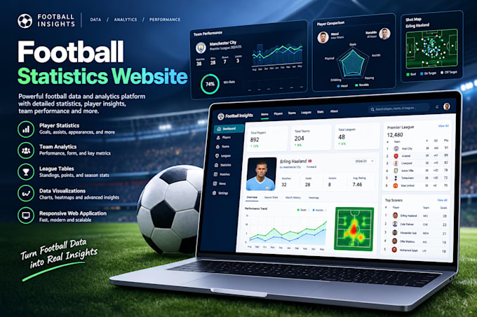 build football statistics website with data dashboards and analytics